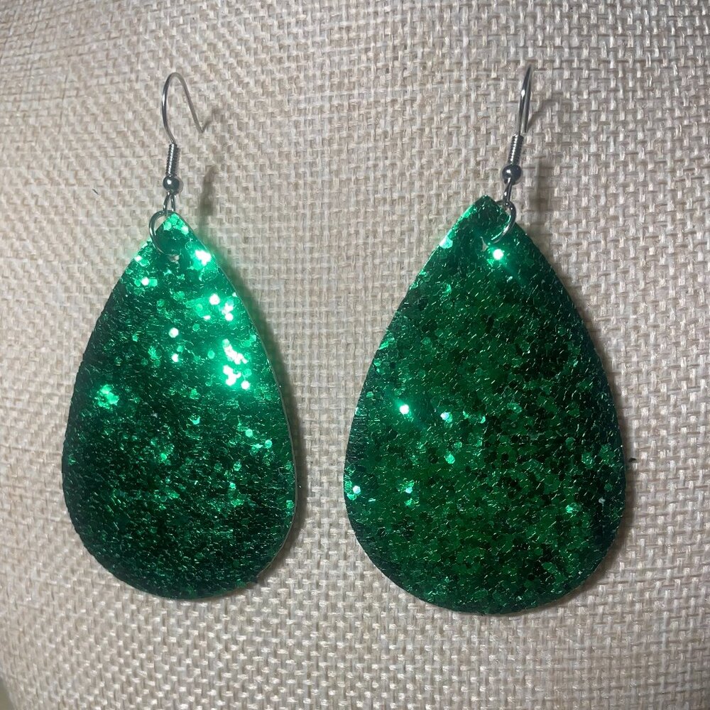Green Glitter Teardrop Statement Earrings - image 2